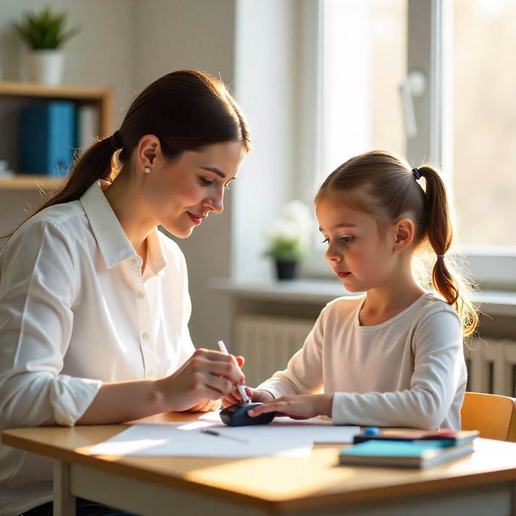 Eine Frau und ein Kind sitzen an einem Tisch. Die Frau zeigt dem Kind, wie man einen Blutzuckertest durchführt. Auf dem Tisch liegen ein Blutzuckermessgerät und Schreibmaterial.