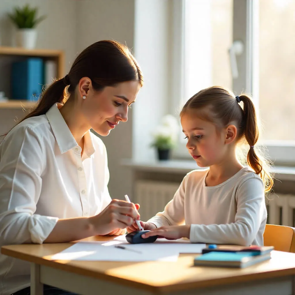 Eine Frau und ein Kind sitzen an einem Tisch. Die Frau zeigt dem Kind, wie man einen Blutzuckertest durchführt. Auf dem Tisch liegen ein Blutzuckermessgerät und Schreibmaterial.
