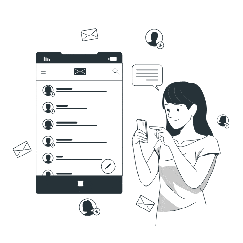 Eine Person steht neben einem Smartphone mit einer Nachrichten-App. Auf dem Bildschirm sind mehrere Kontaktprofile und Nachrichten angezeigt. Um die Person sind Sprechblasen und E-Mail-Symbole.