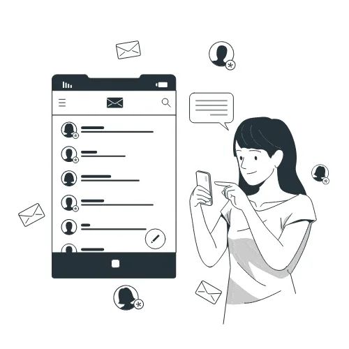 Eine Person steht neben einem Smartphone mit einer Nachrichten-App. Auf dem Bildschirm sind mehrere Kontaktprofile und Nachrichten angezeigt. Um die Person sind Sprechblasen und E-Mail-Symbole.