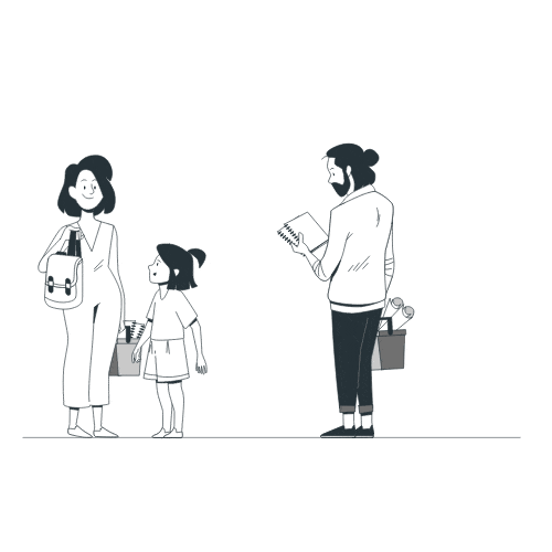 Drei Personen stehen in einer minimalistischen Zeichnung. Eine Frau trägt einen Rucksack und hält eine Tüte, ein Mädchen steht daneben, während ein Mann mit Notizbuch und Korb in der Hand direkt gegenüber steht.