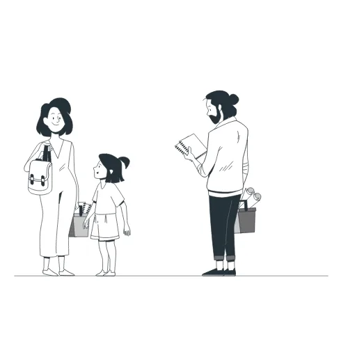 Drei Personen stehen in einer minimalistischen Zeichnung. Eine Frau trägt einen Rucksack und hält eine Tüte, ein Mädchen steht daneben, während ein Mann mit Notizbuch und Korb in der Hand direkt gegenüber steht.