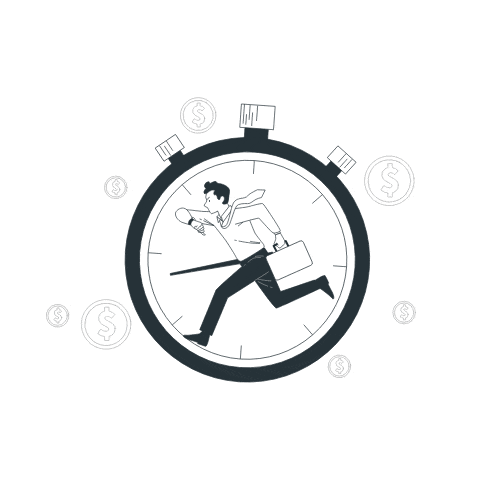 Eine minimalistische Zeichnung mit Stoppuhr und einer laufenden Person, die einen Aktenkoffer trägt. Um die Uhr sind Dollarzeichen angeordnet.