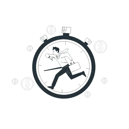 Eine minimalistische Zeichnung mit Stoppuhr und einer laufenden Person, die einen Aktenkoffer trägt. Um die Uhr sind Dollarzeichen angeordnet.
